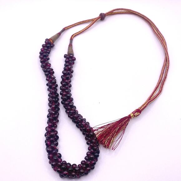 VTG Red Carved Garnet Gems Beads Woven Rope Cord 27" Bead Necklace Adjustable - Picture 5 of 6